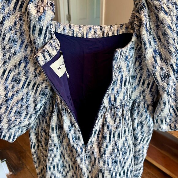 Munthe Chew Blue Ikat Puff Sleeve Babydoll Minidress Size 8 Medium with Pockets - Picture 10 of 14